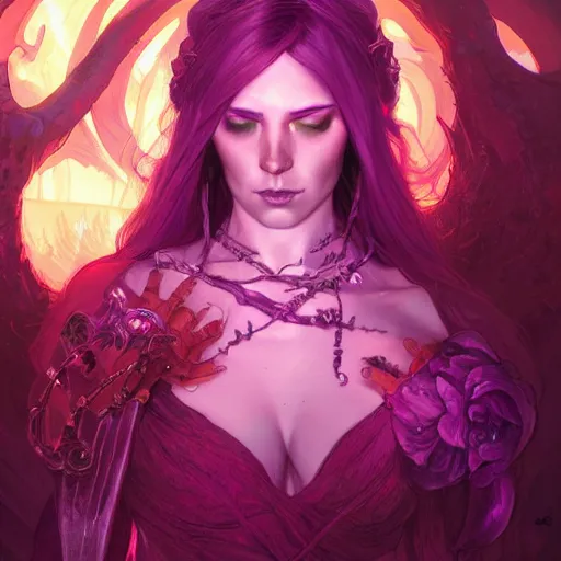 Image similar to necromancer glowing with purple magic, red hair, female, glacier landscape, D&D, fantasy, intricate, elegant, highly detailed, digital painting, artstation, concept art, matte, sharp focus, illustration, art by Artgerm and Greg Rutkowski and Alphonse Mucha