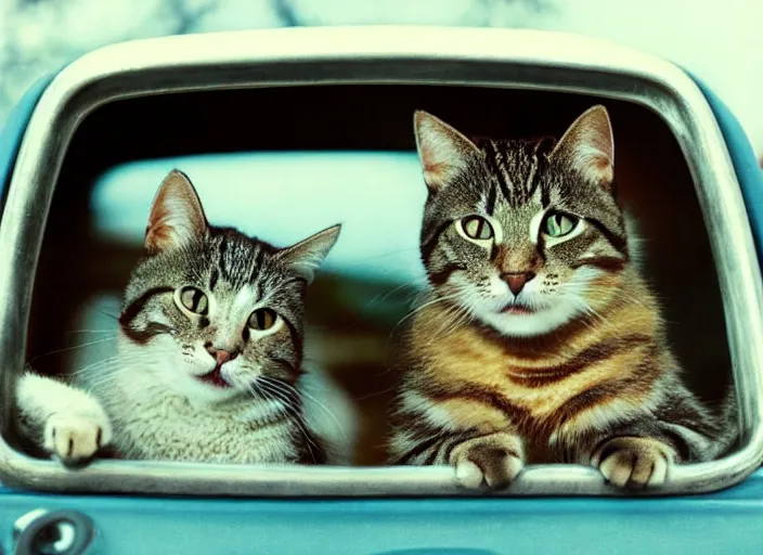 Image similar to A very high resolution image from a new movie, a cat driving a car around, inside of a car , mountains, Polaroid, directed by wes anderson