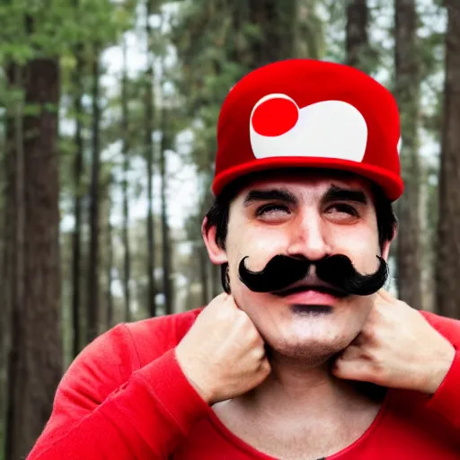 Image similar to italian man with a mustache dressed as mario wearing a solid red mario hat crying tears of joy hugging a red mushroom with white spots, in a forest, photography