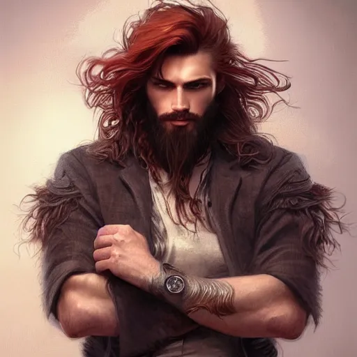 Prompt: portrait of a manly wolf, male, handsome, masculine, full body, red hair, long hair, soft hair, fantasy, intricate, elegant, highly detailed, suit, coffee shop, digital painting, artstation, concept art, character art, smooth, sharp focus, illustration, art by artgerm and greg rutkowski and alphonse mucha