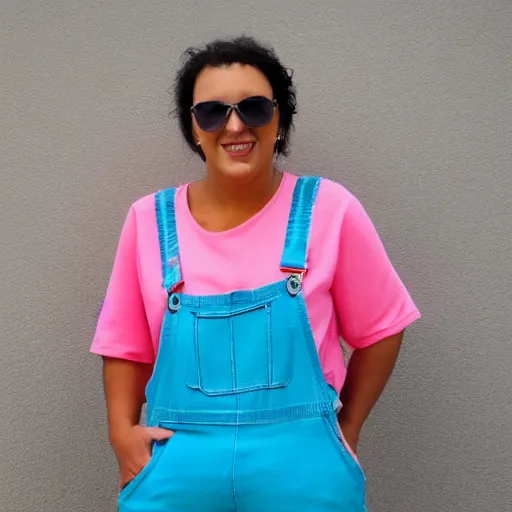 Image similar to a photo of a woman in cyan and pink overalls