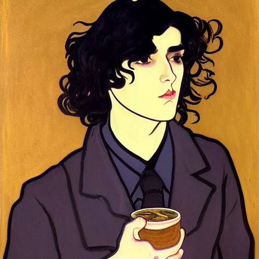 Image similar to painting of young cute handsome beautiful dark medium wavy hair man in his 2 0 s named shadow taehyung at the halloween pumpkin matcha party, straight nose, depressed, melancholy, autumn, elegant, clear, painting, stylized, delicate, soft facial features, delicate facial features, soft art, art by alphonse mucha, vincent van gogh, egon schiele