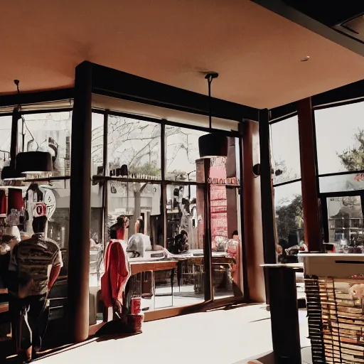 Image similar to cinematic photo of ghosts hanging out inside a starbucks in the late afternoon with red sunlight