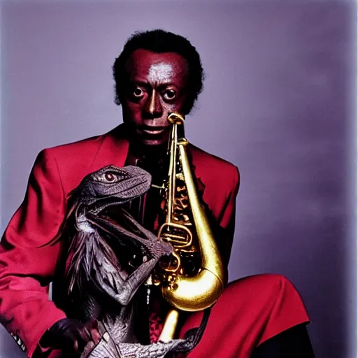 Prompt: miles davis surrounded by skeksis