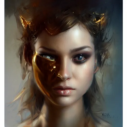 Prompt: beautiful girl with golden mask, medium range, intricate complexity, rule of thirds, face by Artgerm, character concept, dramatic lighting, craig mullins, artbreeder, 8k, highly detailed and intricate, golden ratio, hypermax