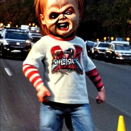 Image similar to screaming chucky stuck in traffic