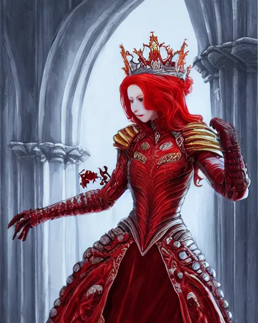 Prompt: redhead queen knight in red armor, inside grand hall in castle with rococo aesthetic, crown of roses, scarred face, elden ring, intimidating, high fantasy, intricate detail, digital painting, artstation, concept art, smooth, sharp focus, illustration, art by yoshitaka amano and monia merlo and wlop and artgerm