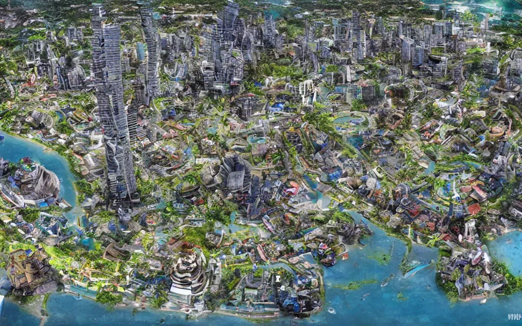 Image similar to future city of denpasar bali in the year 3 0 0 0, perfect faces.