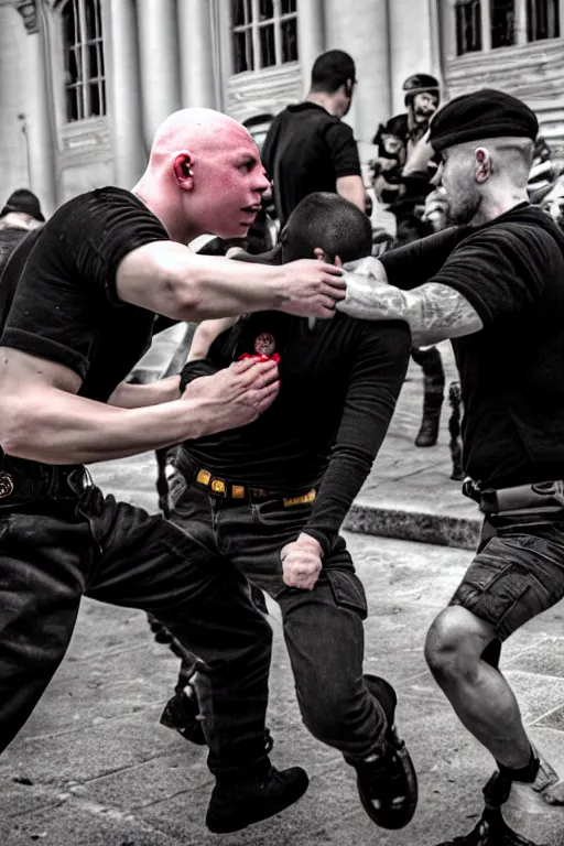 Prompt: nazi skinhead fight with antifa, high resolution, photorealistic, smooth, 4 k, aesthetic lighting, baroque object, sharp focus, hyperdetailed object, professional photography, pullitzer winning, 8 0 0 photo by : canon eos 5 d mark iv, by karah mew and adnan abidi and jodie bateman