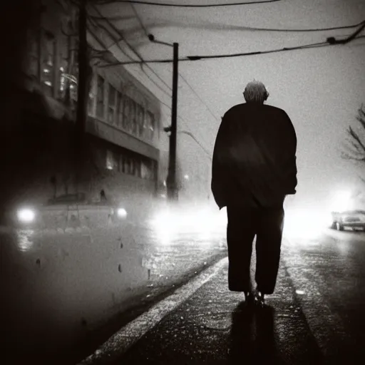 Image similar to Monochrome portrait of an intense old man with facial tattoos on a rainy misty street at night, the only light source is a bright overhead street light, close-up, motion blur, grainy Tri-X pushed to 3200, 24mm tilt-shift, water drops on the lens, holga