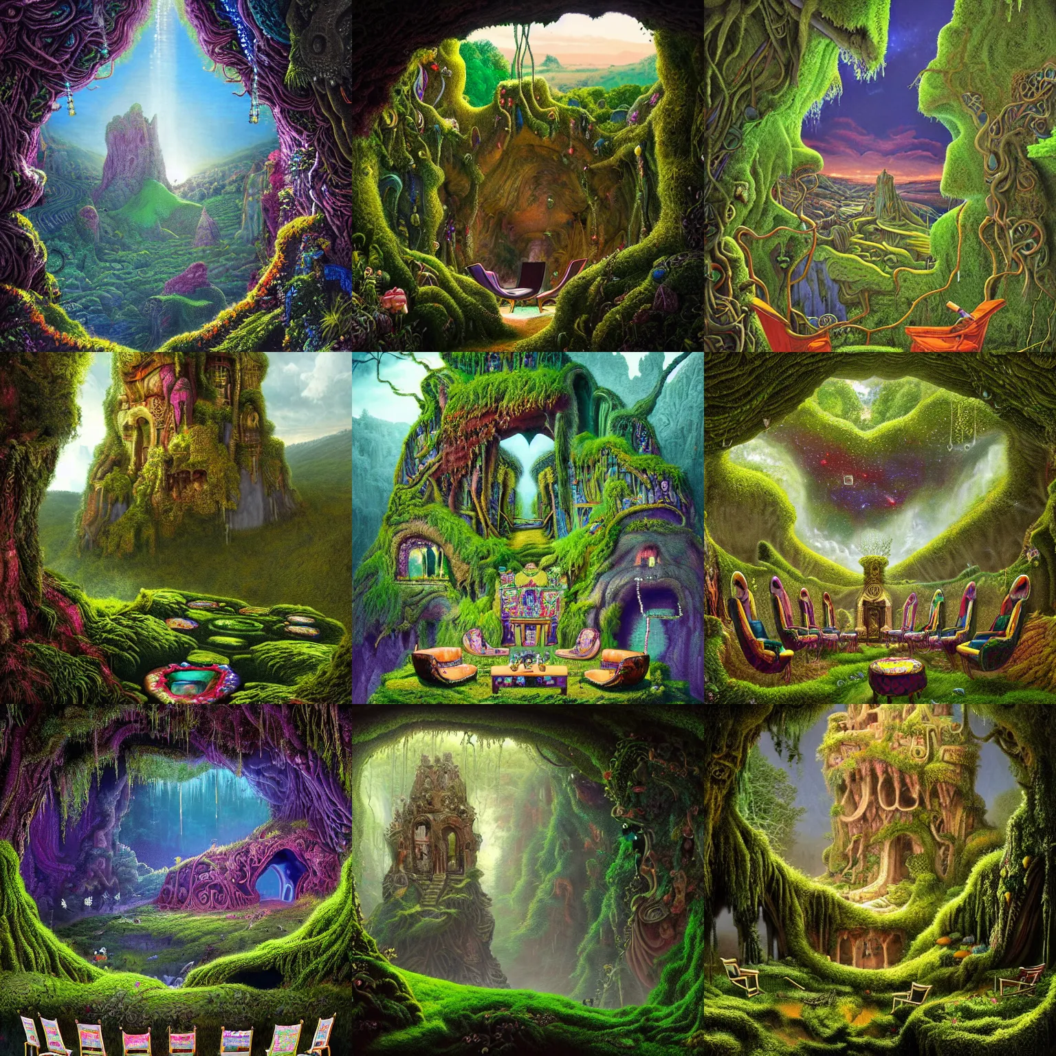 Prompt: a masterpiece matte painting of a large chair with multi-colored gemstones on top surrounded by six smaller chairs with multi-colored gemstones on their tops, set within a cave of carvings and moss cut into the side of a hill covered in grass and moss with a parted curtain of vines, set within an alien landscape by Pail Lehr and Dan Mumford and Dan Hillier, vray rendered, 8k resolution, enormous scale