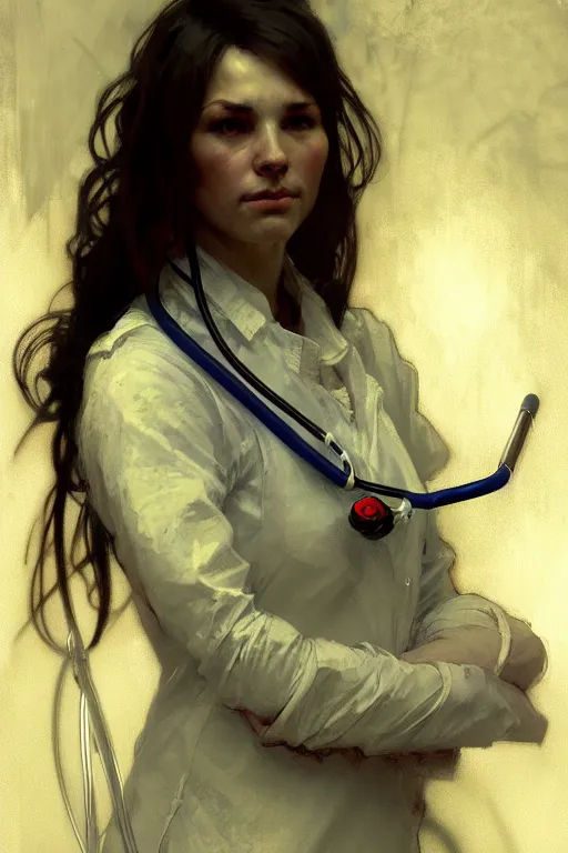 Image similar to portrait sketch of a modern nurse by jeremy mann and alphonse mucha, fantasy art, realistic drawing, dynamic lighting, artstation, poster, volumetric lighting, very detailed faces, 4 k, award winning