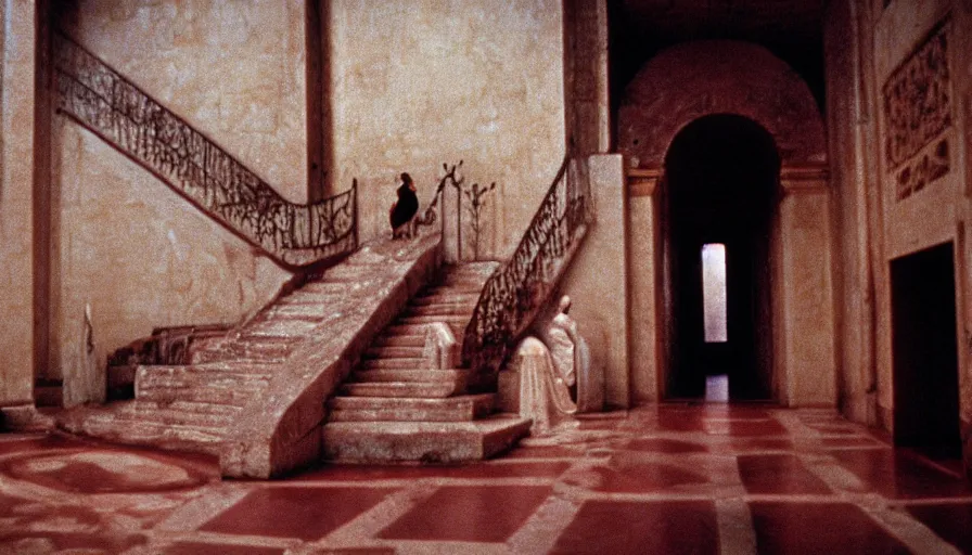 Image similar to movie still by tarkovsky of caligula poniard to death by senators on ancient stairs blood flowing, cinestill 8 0 0 t 3 5 mm, high quality, heavy grain, high detail, dramatic light, ultra wide lens, anamorphic