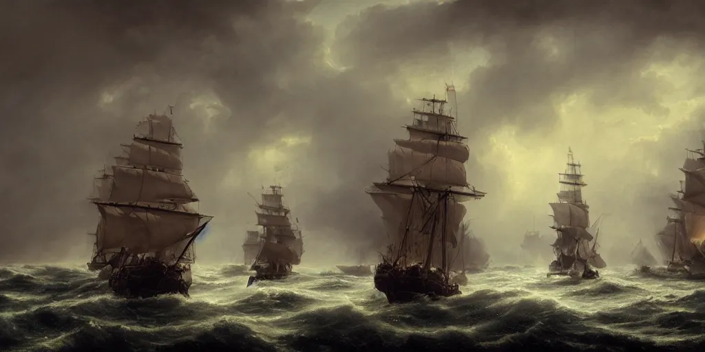 Image similar to Photorealistic,hyperdetailed hyper realistic medium shot rendering of galleons at war,canon fire,full sails,smoke,Dark raging waters,dusk,dark stormy clouds by Greg Rutkowski,Jacques-Louis David,Beautiful dynamic dramatic very dark moody lighting,shadows,Cinematic Atmosphere,high surface and silhouette details,Octane Render,8k