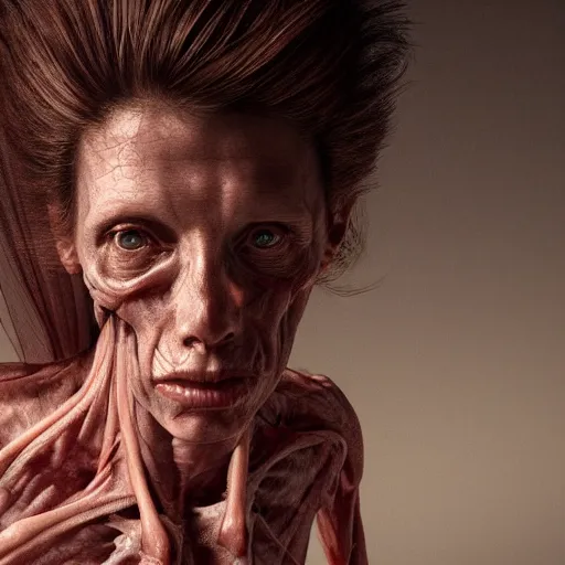 Image similar to female human with translucent skin, visible muscles and veins and arteries and bones and spine and nerves, beautiful detailed intricate insanely detailed octane render, 8K artistic photography, photorealistic, chiaroscuro, by David Cronenberg, Raphael, Caravaggio