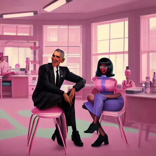 Image similar to 1 9 6 0 s illustration portrait of nicki minaj sitting next to barack obama in a barbershop. cinematic scene. ambient lighting, pastel earth colors, hyper detailed. octane render. concept art. trending on artstation.