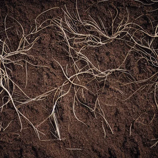 Prompt: topdown view of grass and dirt with roots. moody