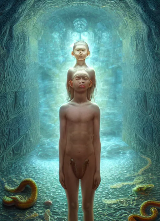 Image similar to hyperreal ultra detailed hypnagogic recollections from the waters of the unconscious. a 3 d psychopomp watching on. an ancient child. prismatic crystal light projections, a doorway threshold, a snake, sharp focus, global illumination, ornate, art by shaun tan, fenghua zhong and daniel merriam and dan mumford octane render