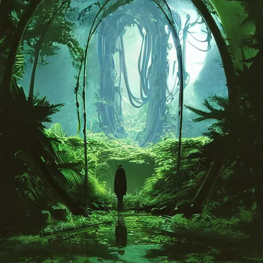 Image similar to portal in a middle of a lush futuristic forest, alien world seen through a portal, person in a cloak standing in front of a portal, syd mead, john harris