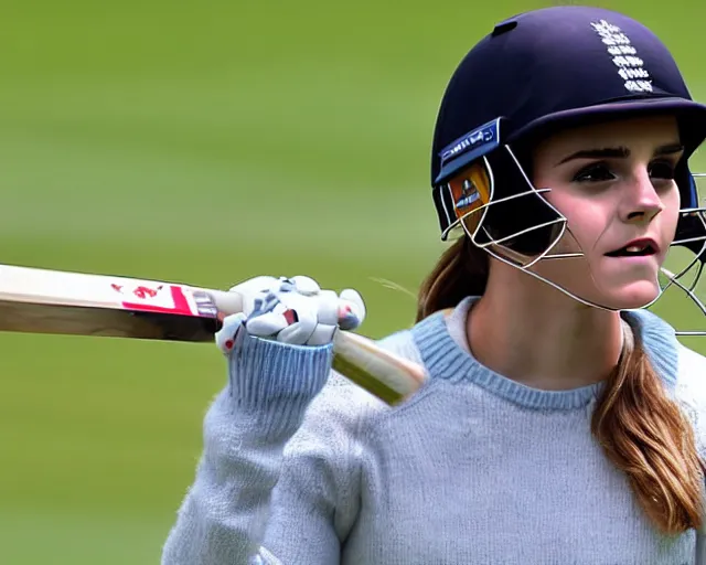 Prompt: emma watson opens the batting for england at lord's cricket ground, sports photography, close up, clear face