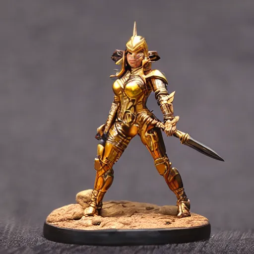 Prompt: 80mm resin detailed miniature of a heavily armored woman, fantasy, Product Introduction, golden armor, wielding a flaming warhammer, 4K