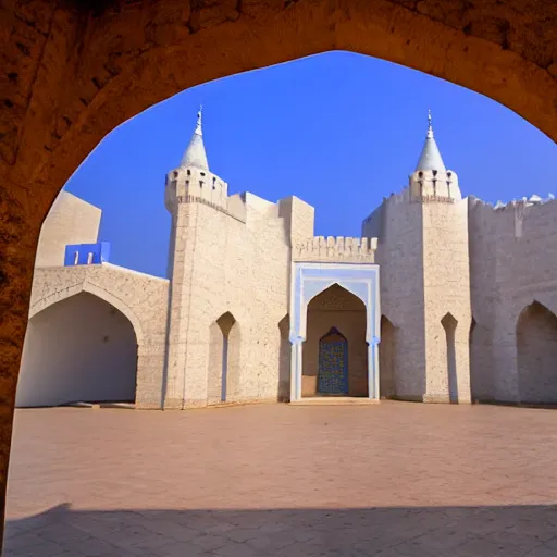 Image similar to Islamic castle with blue walls in Iraq, professional photo shoot,