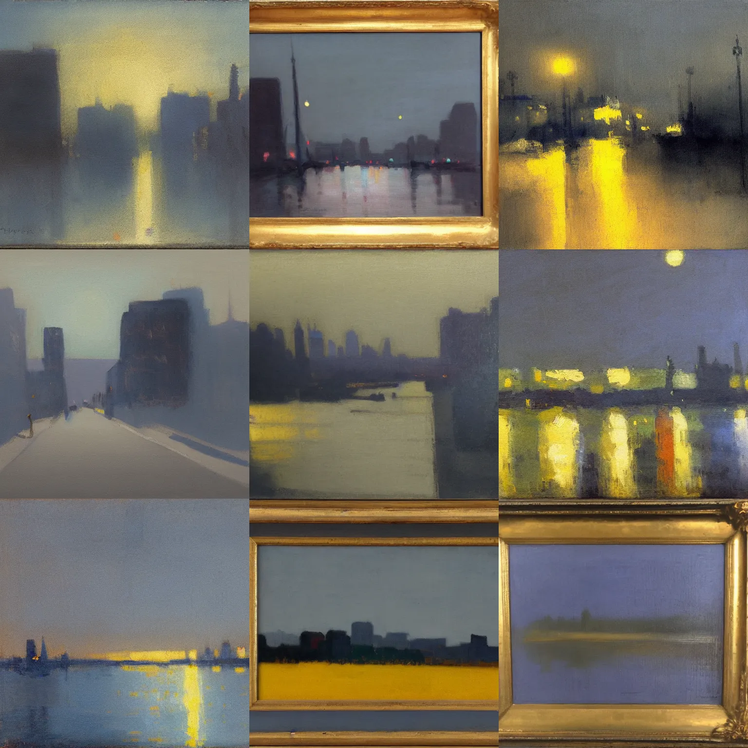 Prompt: tonalist rendition of cityscape, repoussoir, contre - jour, payne's grey, cerulean blue, and cadmium yellow, tone gradation, vignetting, sharp details