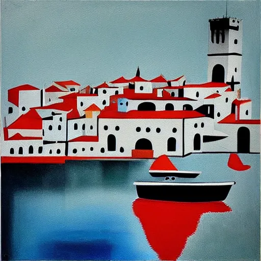 Image similar to “ an acryllic painting dubrovnik, on a pale background, muted palette mostly white, black, gray, dark red, dark blue, pink, evil fisherman, dadaism, dada, mixed media, in the styles of both joan miro and mark rothko ”