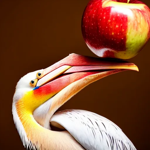Image similar to pelican named reginald eating a apple with worms coming out of the spine of the apple, studio photography, beautiful lighting