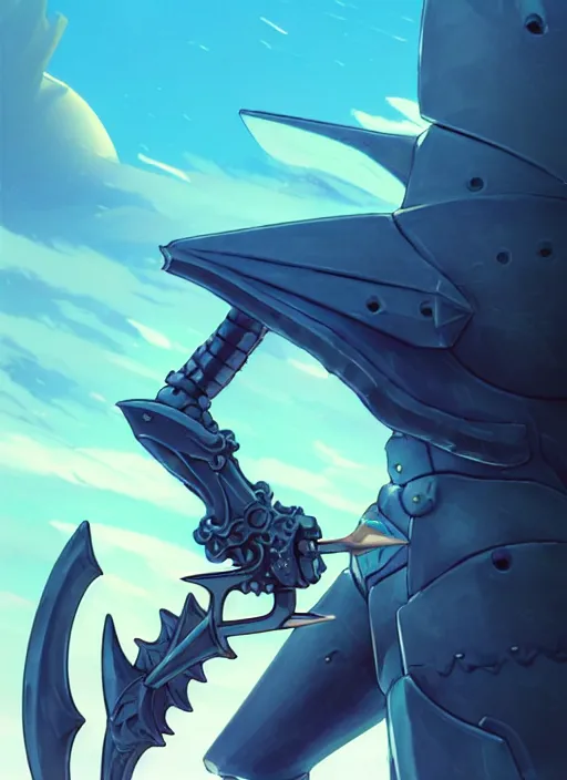 Image similar to close up of a mech armor witch holding a trident, extremely beautiful and aesthetic and detailed cute face and body, back shark fin, big wave horizon, specular reflection, occlusion shadow, dynamic pose, slightly smiling, blue sky, big blade whale and black giants minotaurus, fantasy illustrations, by makoto shinkai and peter mohrbacher and ferdinand knab