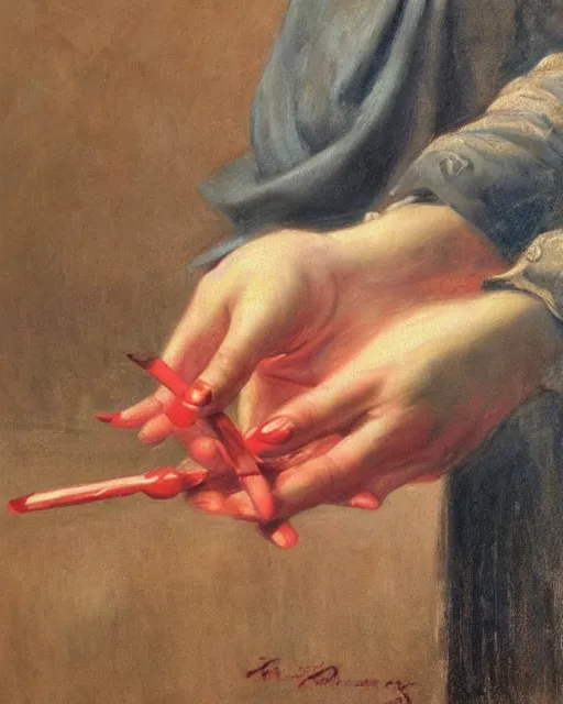 Image similar to by 1 9 th century famous painter, hands, nail polish, with fire, realism, realistic, oil painting, red wallpaper background