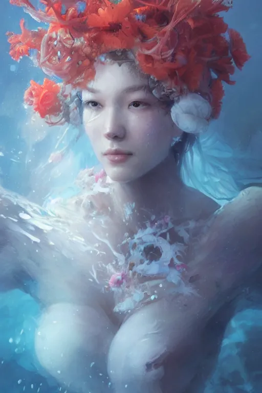 Image similar to face closeup of beautiful girl covered with coral reef and ice, 3 d render, hyper realistic detailed portrait, holding magic flowers, ruan jia, wlop. scifi, fantasy, hyper detailed, octane render, concept art, by peter mohrbacher, by wlop, by ruan jia