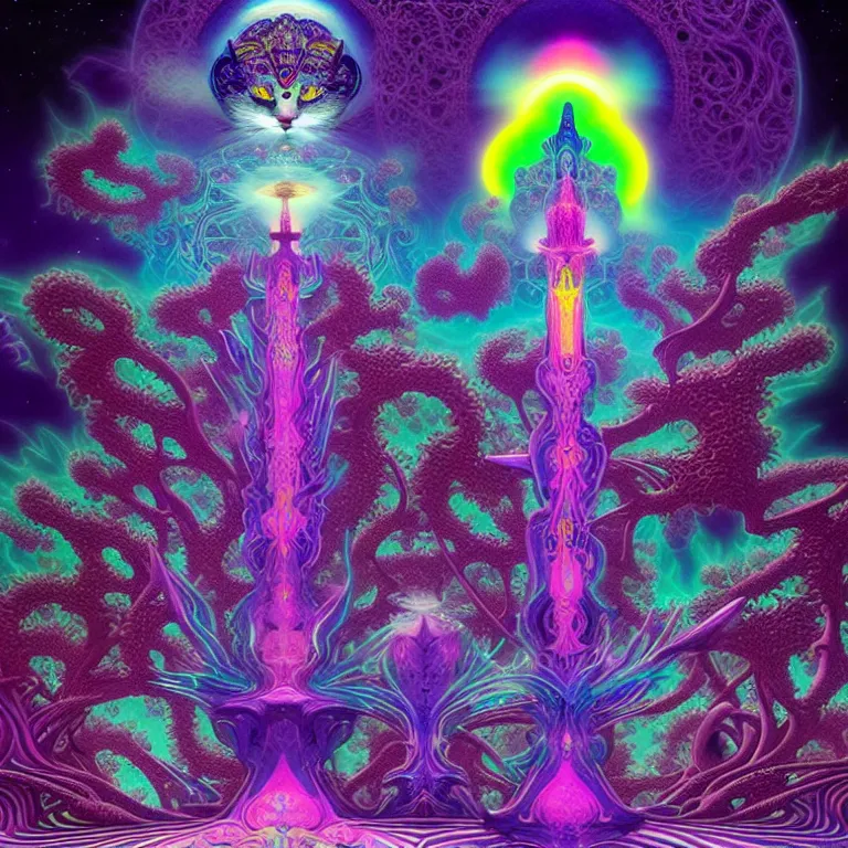 Image similar to mysterious cosmic kitten hovering over haunted mystical temple, infinite hallucinogenic fractal waves, # f 2 2 2 ff # 8 c 1 eff synthwave, bright neon colors, highly detailed, cinematic, eyvind earle, tim white, philippe druillet, roger dean, ernst haeckel, lisa frank, aubrey beardsley, kubrick