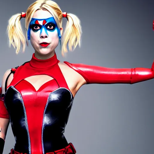 Image similar to A still of Kaley Cuoco as Harley Quinn, full-figure