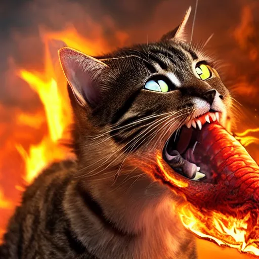 Prompt: highly detailed 4 k realistic photo of a cat battling a fire breathing dragon