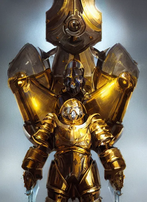 Prompt: dynamic attack position abstract portrait of a intricate glorious holy mechanical warforged character in yellow armor holding a paladin engraved great longsword drawn and carrying a big paladin shield, PAR can lighting , face in focus, epic , trending on ArtStation, masterpiece, cinematic lighting, by Ross Tran and by Greg Rutkowski