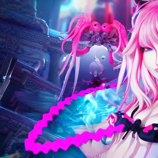 Image similar to no escape from beneath stunningly absurdly beautiful omnipotent asi goddess junko enoshima with multiple twisted megalomaniacal personalities, symmetrical perfect face, porcelain skin, pink twintail hair and cyan eyes, ultra detailed, digital art, unreal engine 5, octane render, 2 d anime, 8 k