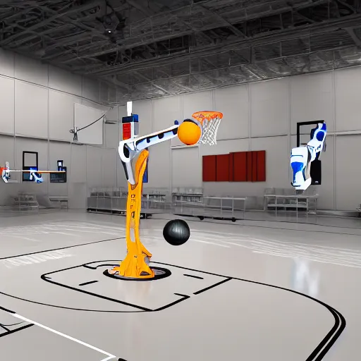 Image similar to three large white glossy kuka industrial robot arms playing basketball in a gym, global illumination, artstation, fantasy