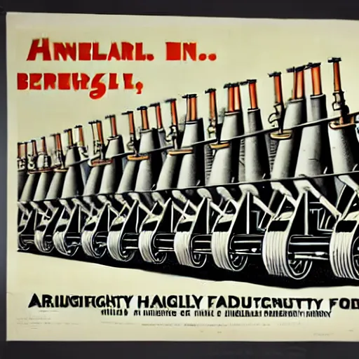 Image similar to propaganda poster featuring an extremely large number of artillery cannons, artillery, guns, production line inside a factory, parallel lines, limited palette, ww 1