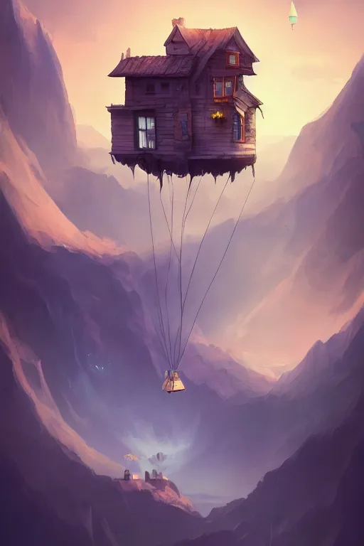 Prompt: a house floating with balloons, near the mountains and below is a deep canyon, dream core art, dynamic lighting, fantasy concept art, trending on art station, stunning visuals, creative, cinematic, ultra detailed