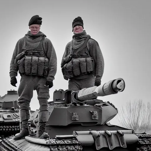 Image similar to British mercenaries wearing grey body armor hiding from a Russian tank, photo by Adam Ferguson, Pulitzer Winning, cinematic composition, breathtaking, modern, 2022