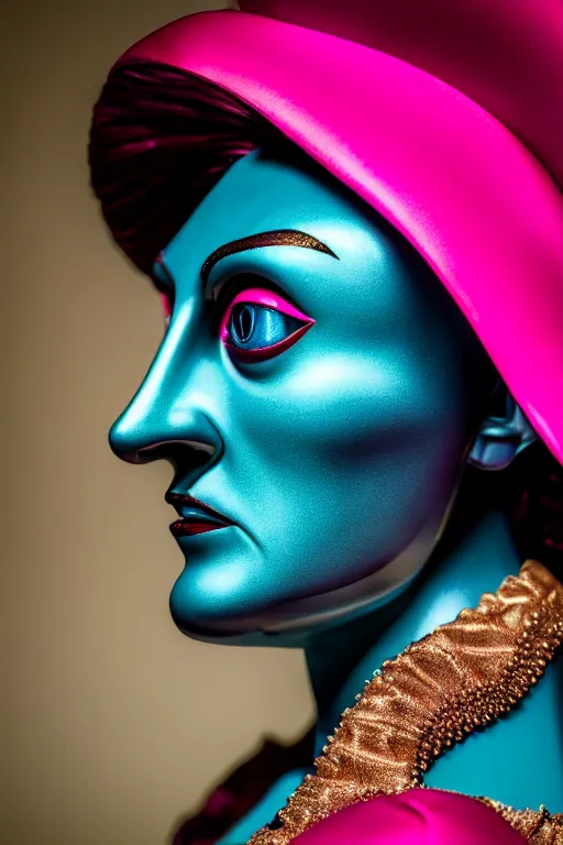 Image similar to hyperrealistic very detailed profile of rococo woman with pink eyes and mechanical mouth tjalf sparnaay very dramatic dark teal lighting wide angle 35mm shallow depth of field 8k