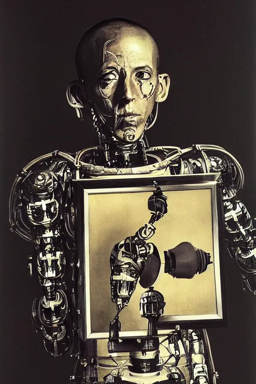 Image similar to robot monk painting a self - portrait on a canvas. intricate, highly detailed, photorealistic, film still, by richard avedon.