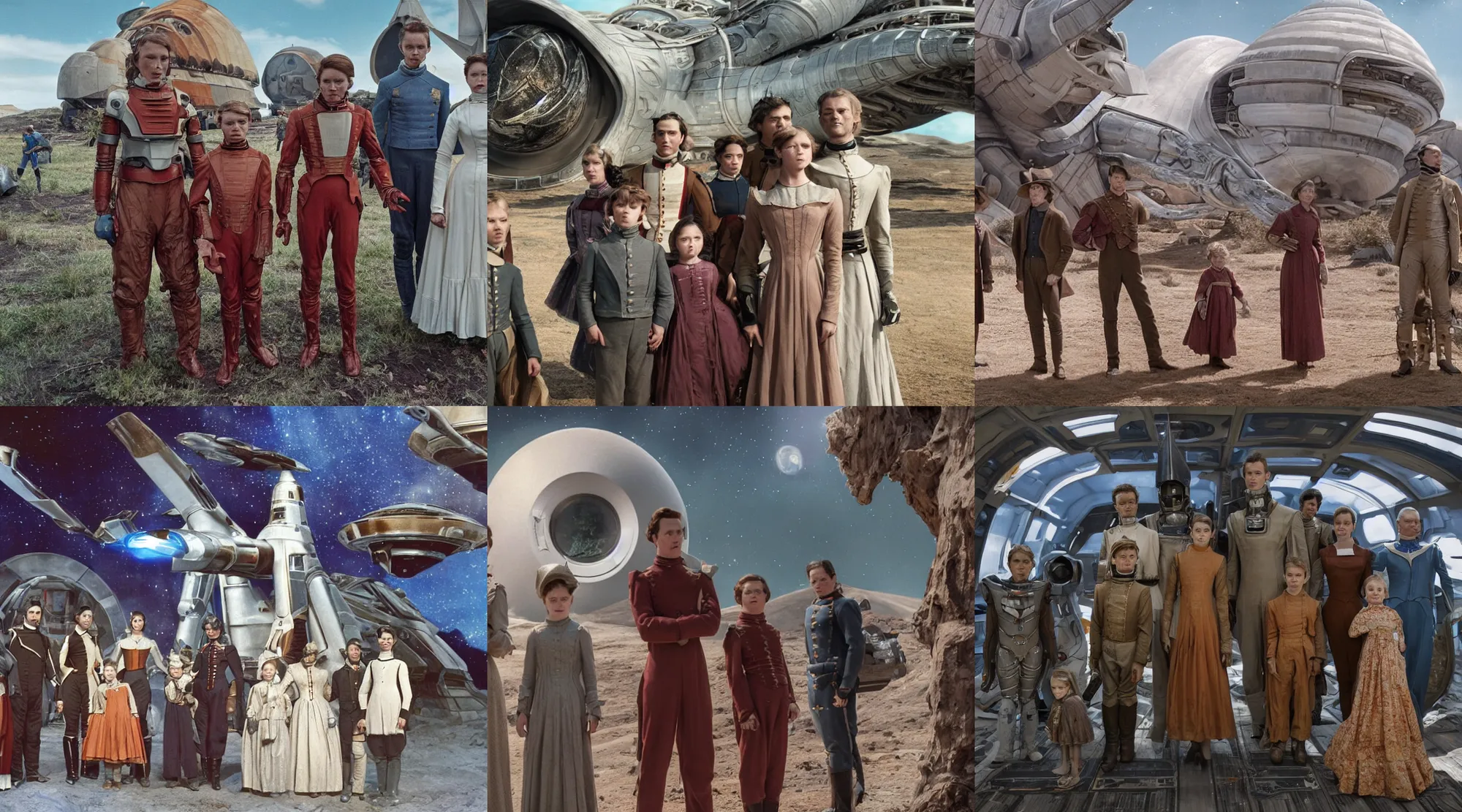 Prompt: sharp, detailed, 256k film still from a sci fi blockbuster color movie made in 2018, set in 1860, of a family standing in front of a spaceship that has just landed on an alien planet, a humanoid alien creature stands nearby, the family are all wearing 1850s era clothes, cinematic lighting, good photography, sharp focus