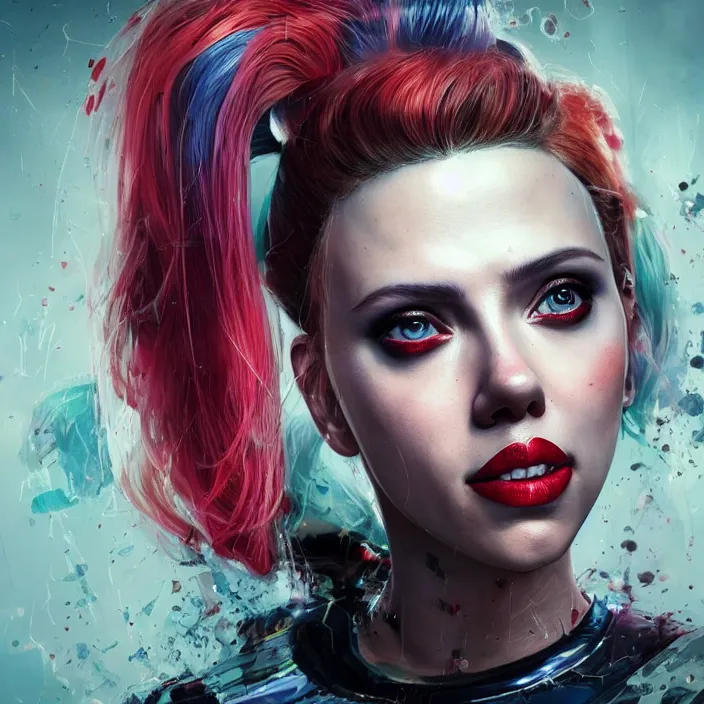 Image similar to portrait of scarlett johansson as a harley quinn. intricate abstract. intricate artwork. by Tooth Wu, wlop, beeple, dan mumford. octane render, trending on artstation, greg rutkowski very coherent symmetrical artwork. cinematic, hyper realism, high detail, octane render, 8k, iridescent accents