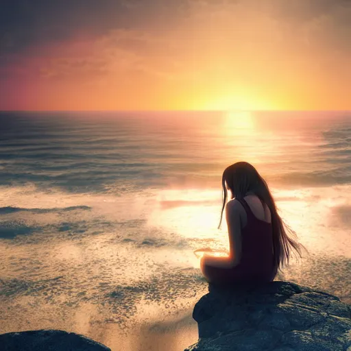 Image similar to beautiful photograph of a young woman praying by the pacific ocean, sunrise, birds, epic, cinematic lighting, dramatic angle, 8k hdr pixiv dslr photo by Makoto Shinkai and Wojtek Fus