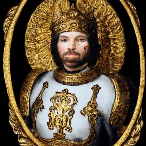 Prompt: man in white and decorated with gold baroque style armor with kingdom of jerusalem emblem on his chest