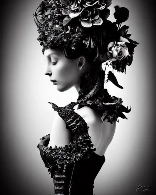 Image similar to a black and white high quality dreamy photo of a young beautiful female queen-pale dragon-vegetal-many big steampunk flowers-cyborg bust with a very long neck, elegant, highly detailed, poetic, soft, dreamy, mysterious, high fashion, in the style of Horst P. Horst, Realistic, Refined, Digital Art, Highly Detailed, Cinematic Lighting, rim light, black and white, photo-realistic, 8K