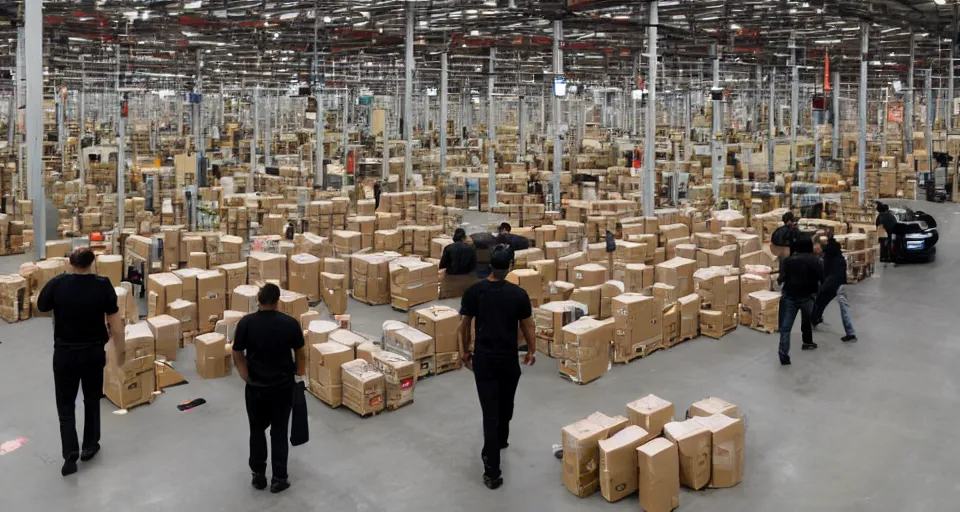 Prompt: film still of a heist movie about liberating Amazon warehouse workers