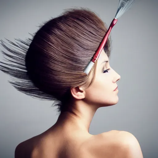 Image similar to beautiful portrait of a woman with artistic brushes sticking out of her hair.